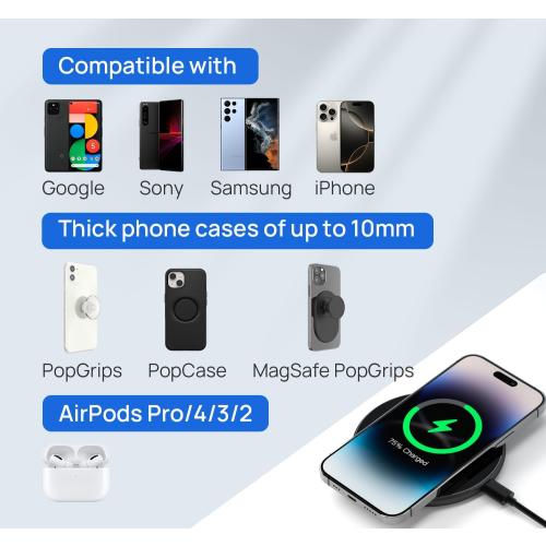 Wireless Charger for Thick Cases of 10MM/Popsocket/OtterBox, Phone Charger Pad, 15W Max Wireless Charging Pad for iPhone 16 Pro Max/15/14/13/12/11/Samsung Galaxy S24/S23/AirPods(with Adapter)