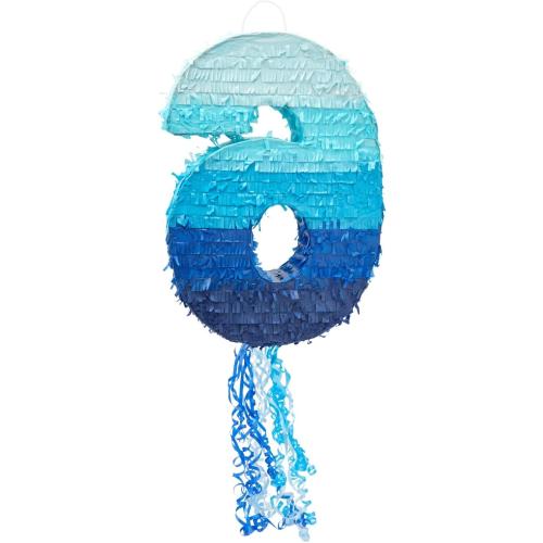 BLUE PANDA 6 Pinata Pull-String - Ombre Blue 16.5 x 11.3 x 3 In - Number 6 Pinata for Birthday Decorations & Party Decoration