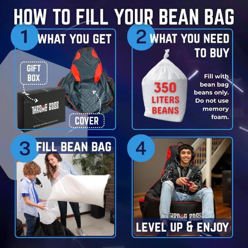 Throne Boss Gaming Bean Bag Chair Cover for Adults with High Back, Blue – Large Floor Gaming Chair Cover, Easy to Clean Fabric, Large Pockets, Headphone Hanger, Requires 350 Liters Polystyrene Beans