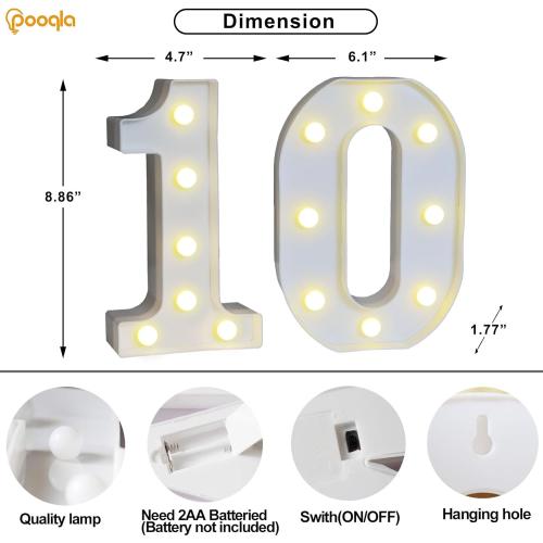 Pooqla Decorative Led Light Up Number Letters, White Plastic Marquee Number Lights Sign for 10th Birthday Party Wedding Decor Battery Operated Number (10)