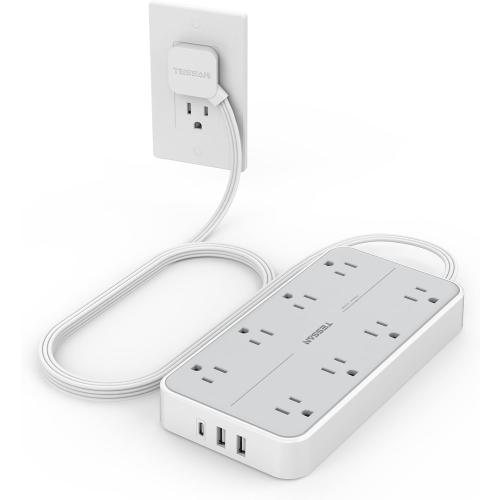 TESSAN Power Strip Surge Protector, Flat Plug Extension Cord with 8 Outlets 3 USB Charger(1 USB C), 1080 Joules Protection, Wall Mountable Charging Station for Home Office School Dorm Room Essentials