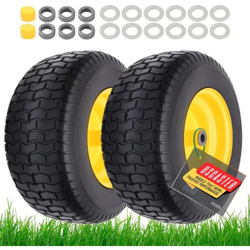 16x6.50-8 tire and wheel Flat Free Assemblies (2 Pack), Lawn Mower Tires with Rim, Solid Rubber Riding Lawn Mower Tires and Wheels,3 Offset Hub,3/4 Bushings,16x6.5-8 Tractor Turf Tire