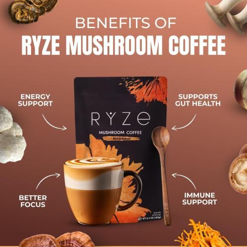 RYZE SUPERFOODS Mushroom Dark Roast Coffee Starter Kit, Instant Coffee with 6 Adaptogenic Mushrooms and Better Energy, Focus, Digestion, Immunity with Lions Mane & Turkey Tail. Pack of 2