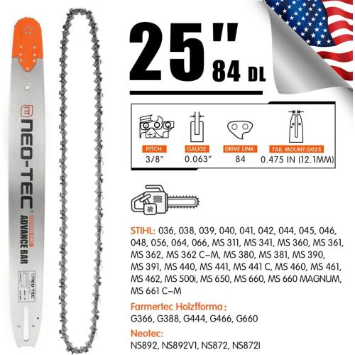 NEO-TEC 24/25inch Laminated Chainsaw Guide Bar Saw Chain Combo 3/8 Pitch 0.375 Chain Pitch 0.063 Chain Gauge 84DL for Oregon 243RNDD025 Fit for Stihl MS660 381 066 with 0.063 Gauge Chain