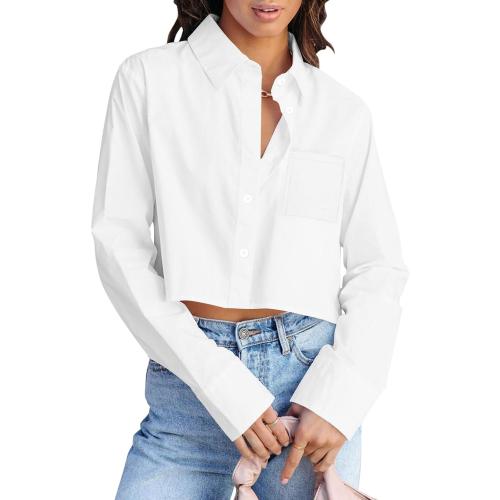 INFITTY Small White Button Down Shirts for Women Long Sleeve Casual Crop Tops Solid Lapel Blouse Shirt with Pocket