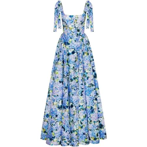 Blue Medium Women Floral Print Square Collar Lace-up Sling Long Backless Hollow Boho Hem Maxi Dress