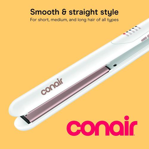 Conair Double Ceramic Flat Iron, 1-Inch Flat Iron Hair Straightener, Five Heat Settings, Extra Long Floating Plates, White