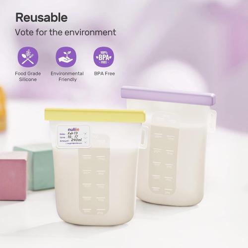 Nuliie 7 Pcs Reusable Silicone Breastmilk Storage Bags, 12oz/360ml Double Leak-Proof, BPA Free Self-Standing Milk Bags for Breastfeeding, Baby Food Pouches