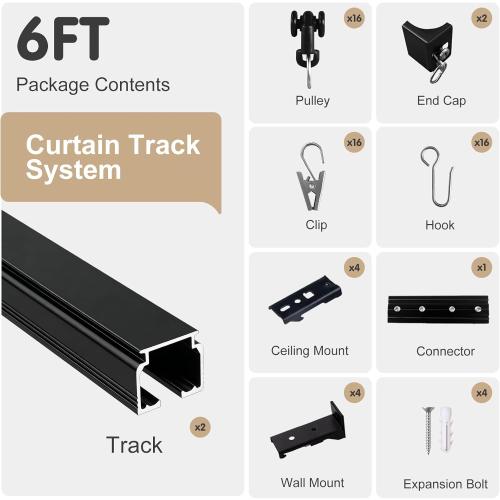 MaKefeile Ceiling Curtain Track, Heavy Duty Curtain Tracks System for Room Divider, Wall Mount Sliding Curtain Rail with Clip and Hooks Set for Living Room, Bedroom, Shower, Outdoor, Black, 3ft-6ft