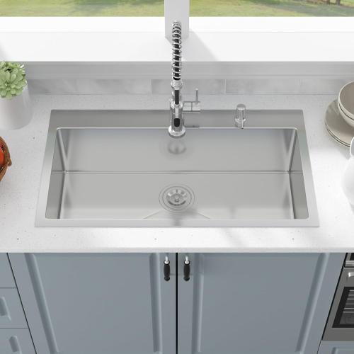 33 Inch Drop In Kitchen Sink - 33x19 Stainless Steel Kitchen Sink T304 18 Gauge Topmount Sinks Single Bowl Handmade Sinks Above the Counter, 9 Deep