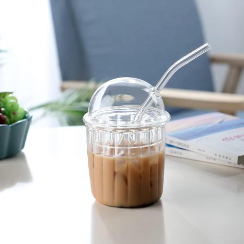 2 Pack....Cute Drinking Glasses with Dome Lid and Straw, Reusable Wide Mouth Smoothie Cups 15oz Glass Coffee Iced Cup Tumbler Glass Bubble Tea Cup for Coke Soda Home Office Bar((White)
