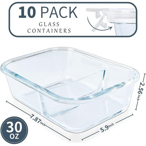10 Packs 30oz Glass Meal Prep Containers 2 Compartments,Glass Food Storage Containers with Lids,Airtight Lunch Bento Boxes,Oven,Freezer and Dishwasher Safe, White