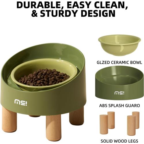 MS!MAKE SURE Cat Bowls, Adjustable Elevated Ceramic Cat Bowls with Anti-Slip Rubber Pad, Splash Guard, Lead & Cadmium Free, Whisker Friendly, for Puppies & Cats - 5.1 Wide, 295ML (10 oz), Green