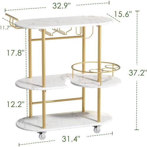 PAUKIN Gold Bar Carts with 4-Tier Storage Shelves, Mobile Bar Serving Cart with Wine Rack and Glass Holder, for The Home, Kitchen, Living Room, Dining Room