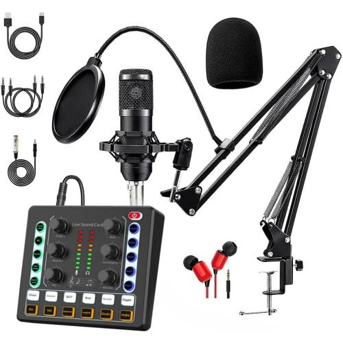 Podcast Equipment Bundle, BM-800 Podcast Microphone Bundle-Voice Changer with live Sound Card-Studio Condenser Microphone for Phone, PC, DJ, Perfect for Recording, Singing, Streaming and Gaming