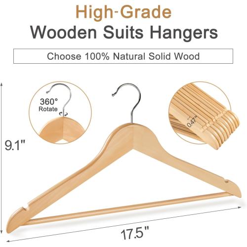 TOPIA HANGER Wooden Hangers 30 Pack, Wood Clothes Hanger Natural | Durable Coat Hanger, 360-Degree Rotatable Hook, Non-Slip Pants Bar, Shoulder Notches for Camisole Tops-CT34N30