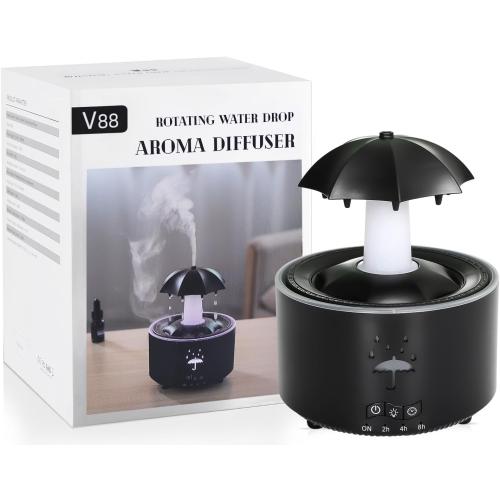 3-in-1 Rain Drop Humidifier & Essential Oil Diffuser with 360 Ratation Waterfall/Whisper Rain Sound/Cool Mist/ 7 Mood Lights, Umbrella Design Humidifiers for Bedroom Home Living Room (Black)