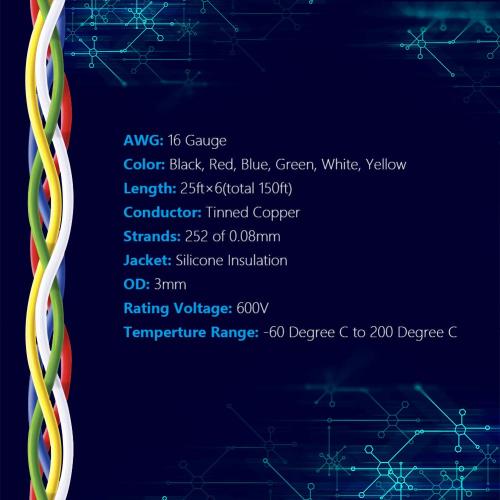 Fermerry 16 AWG Stranded Wire Spool 25ft Each 6 Colors Flexible 16 Gauge Silicone Hook up Wire Kit Electrical Tinned Copper Wire