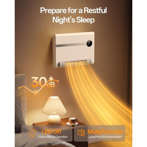 Wall Heater, Space Heater for Bedroom, 1500W PTC Fast Heating Electric Heaters for Indoor Use, 30° Oscillation, Adjustable Thermostat, 24H Timer, Remote Control, Desk or Wall Mounted Heater for Office