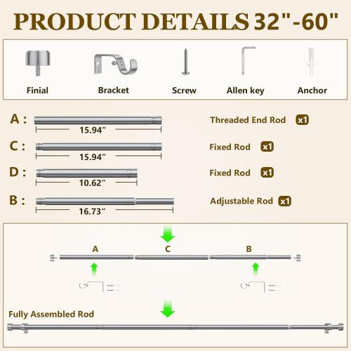 2 Pack Curtain Rods for Windows 32-60 Inch, 1 Inch Adjustable Silver Curtain Rod Set with Brackets, Easy Install