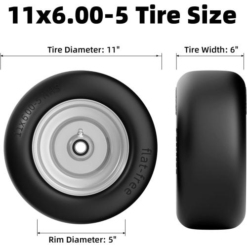 11x6.00-5 Flat Free Tires, Zero Turn Mower Front Tires, 11x6-5 Solid Mower Wheel for Residential and Commercial, With 5/8 and 3/4Bearing, 6- 8 Center Hub, 2Pack Gray, Load 400lbs