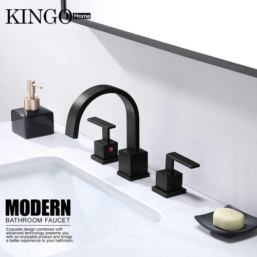 KINGO HOME Matte Black Bathroom Faucet, Black Faucet Bathroom 3 Hole 8inch Widespread Waterfall 2 Handle Black Faucets Bathroom Sink Vanity Faucet with Pop Up Drain and Supply Lines