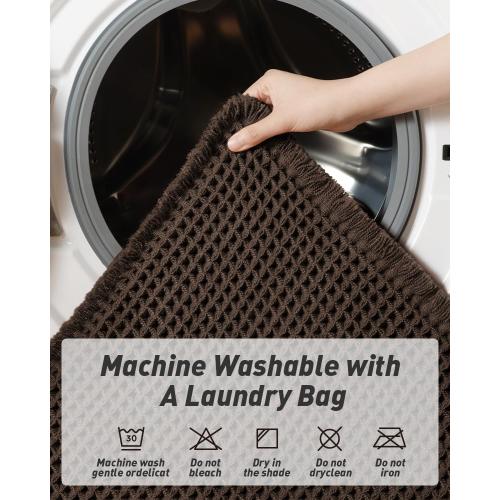AMOAMI Upgraded Waffle Bath Mat, Super Absorbent Non Slip Bath Mats for Bathroom Floor, Washable Bathroom Rugs with Tassels, Rubber Backed Bathroom Mats, Ultra Soft, 17 x 24, Chocolate
