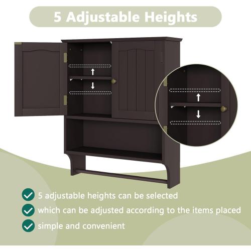 Smuxee Brown Wall Cabinet with Towel Bar - Medicine Cabinet with Adjustable Shelves, Over Toilet Cabinet for Laundry Room Kitchen
