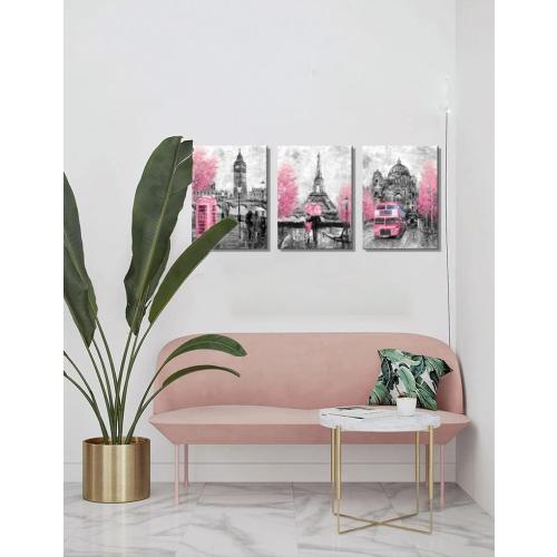 CANVASZON Pink and Gray Paris Wall Art Paris Decor for Bedroom Bathroom Girls Room Wall Decor Paris Pictures Rustic Black and White Print Art for Walls 3 Pieces Ready to Hang