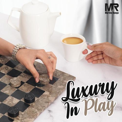 Marble Checkers Board Game 15 Inches Oceanic and Black Handmade 2-Player Tournament Checker Set, Board Game Set – Elegant Holiday