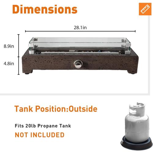 COSIEST 28 Propane Tabletop Fire Pit, CSA Certified Outdoor Mini Small Table Fireplace with Rectangular Magnesium Oxide Base, 40,000 BTU Burner, Glass Rocks, Glass Windshield for Patio, Brown