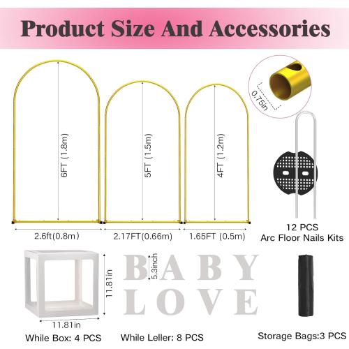Metal Arch Backdrop Stand ,Set of 3 (4 ft/5 ft/6 ft) Round Top Wedding Arch Frame Gold Balloon Arch Stand for Wedding/ Birthday Party/ Baby Shower/ Graduation Ceremony Banquet Decoration