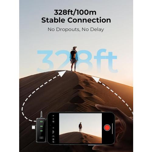 3-in-1 Mini Microphone for iPhone: Wireless Lavalier Microphone with 80ft Range & 15H Battery - Noise Reduction Lapel Mic, Real-Time Monitoring for Video Recording, Vlog,Light Black
