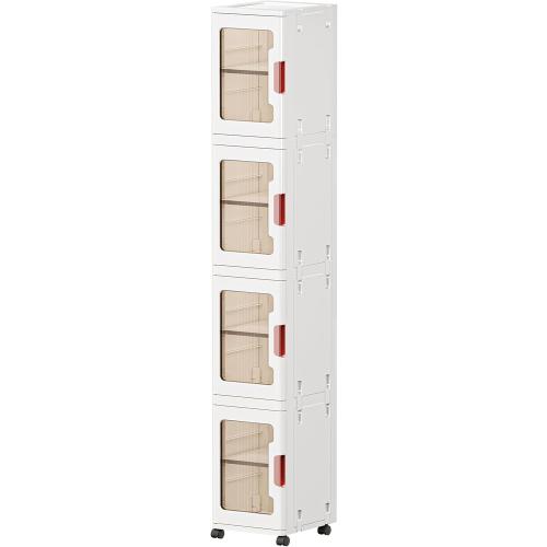 4-Tier Slim Tall Bathroom Storage Cabinet，Narrow Bathroom Storage Cabinet with Transparent Doors and Shelves, Suitable for Small Spaces, Bathrooms, Kitchens, Laundry Rooms,White (9.8x11.4x62.9)