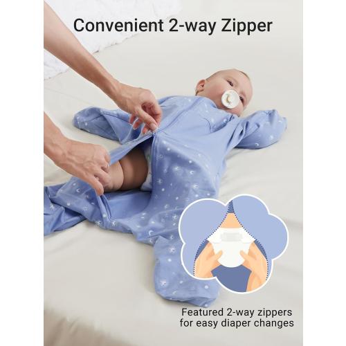 3-6 Months Blue GROWNSY Transitional Swaddle Sleep Sack 3-6 Months, Starfish Design Baby Swaddle Sack, Dual-Zipper for Easy Diaper Changes, Proper Hip Development & Openable Foot Button, 12-20lbs, Blue