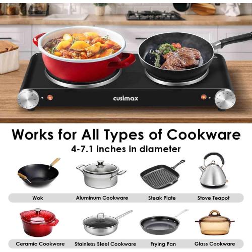 Cusimax Hot Plate for Cooking 1800W Portable Electric Double Burner Countertop Cooktop Cast Iron Stove Heating Plate with 7 Power Levels Adjustable Temp Control, Compatible for All Cookwares