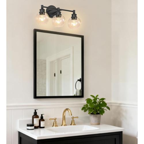 Bathroom Light Fixtures, 3-Light Matte Black Vanity Light Globe Glass Shades, Bathroom Lighting Fixtures Over Mirror, Wall Sconces for Master Bathroom, Guest Bathroom, Powder Room, 20-inch