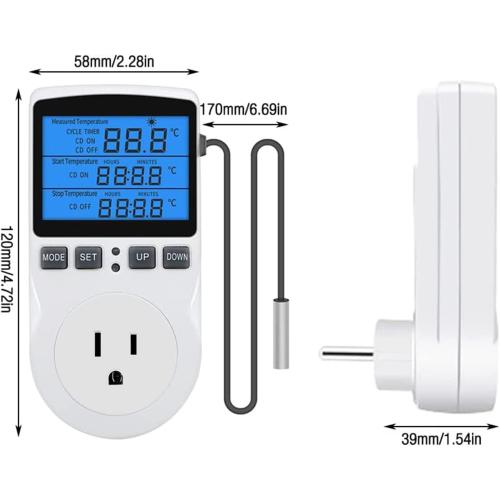 Backlit Digital Temperature Controller, LCD Screen Heating Cooling Thermostat Outlet Socket with Sensor Timer Regulator for Reptile Incubator Greenhouse Brewing Refrigerator, 120V, 15A, ℉/℃