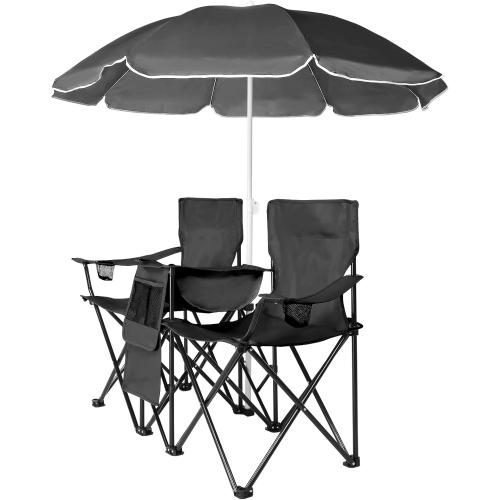 Portable Outdoor 2-Seat Folding Chair Plus Movable Sun Umbrella Black