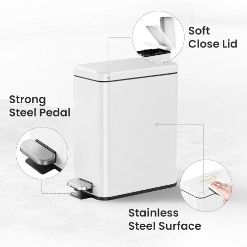 Cesun Bathroom Trash Can with Lid, 2.6 Gallon Small Bathroom Garbage Can Soft Close, Stainless Steel Waste Basket with Step Pedal for Bedroom, Laundry Room, Living Room, Home Office, Toilet, RV, White