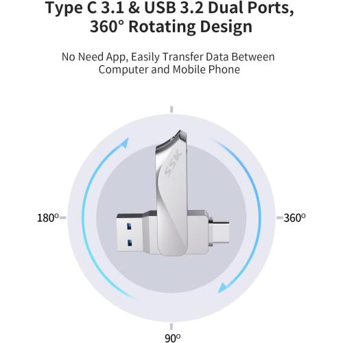SSK 64GB USB C Flash Drive Dual Drive 2 in 1 OTG USB A 3.2 Gen 1  Type C Memory Stick Thumb Drive, Thunderbolt Pendrive up to 200MB/s Transfer Speed Photo Stick for Android Phones/Tablets/Mac/Laptop