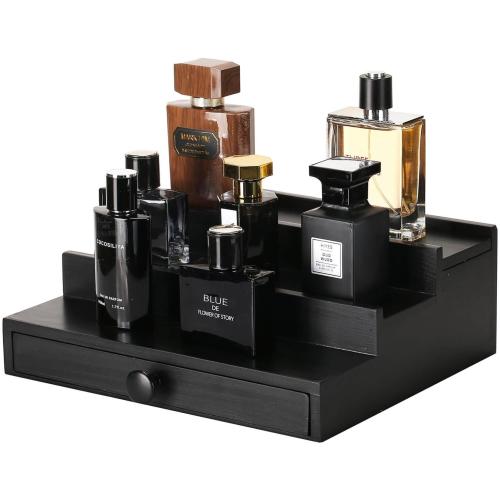 Black Wooden Cologne Organizer for Men - 3 Tier Wooden Perfume Display Stand with Drawer and Hidden Compartment for Organizing and Storing, Cologne Holder Shelf for Dresser