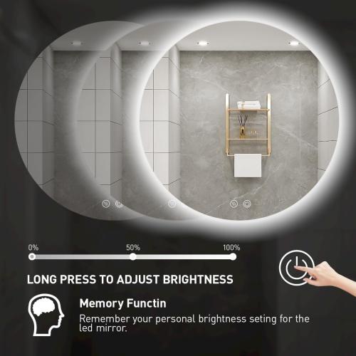24 Inch Round LED Bathroom Mirror - 6000K Daylight Backlit, Anti-Fog & Dimmable, Frameless Waterproof Mirror with Touch Control, CRI90 , IP54 for Vanity & Makeup