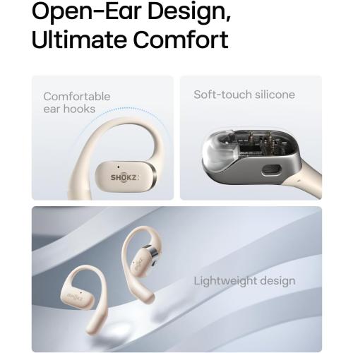 SHOKZ OpenFit - Open-Ear True Wireless Bluetooth Headphones with Microphone, Earbuds with Earhooks, Sweat Resistant, Fast Charging, 28HRS Playtime, Compatible with iPhone & Android, Beige