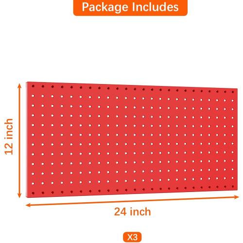 TORACK 3 PCS Metal Pegboard Panels(12x24 inch) for Wall Garage Tools Storage Pegboard System for Workbench, Modular Peg Board Tool Organizer Board Kit(Pack of 3, Red)