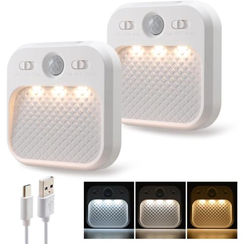 Led Night Light with Motion Detector 2 Pack, Cabinet Light Dimmable with Timer Function, Staircase Lighting 3 Color Temperature 3000/4500/6000K, Hallway Light Rechargeable 600mAh for Children's Room