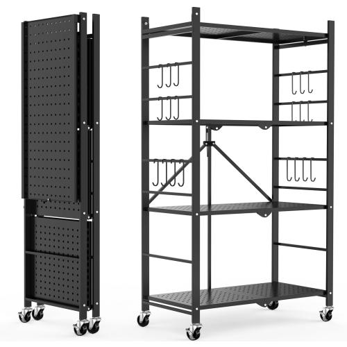 Size 4 tier Color Black  Storage Shelves with 20 Hooks, 4-Tier Foldable Shelves for Storage, Folding Shelf Unit Pantry Shelves with Wheels, Metal Shelving Storage Rack Shelf for Kitchen Garage Home, Black - No Assembly
