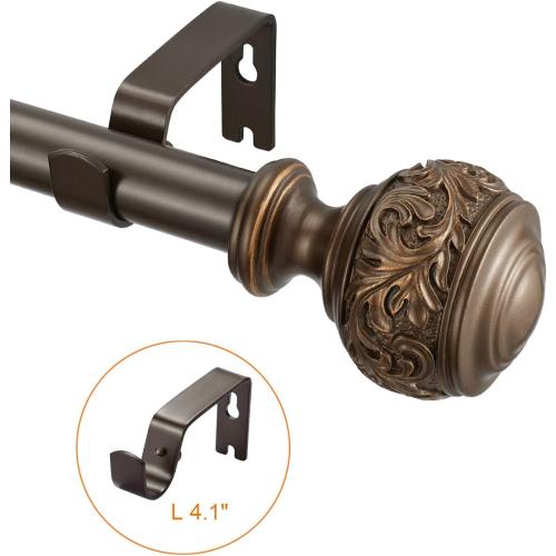 Decorative Window Curtain Rod 1-Inch Diameter with Modern Design Floral Carved Ball Finials, Drapery Curtain Pole Extends from 72 to 144 Inches,Floral Antique Bronze