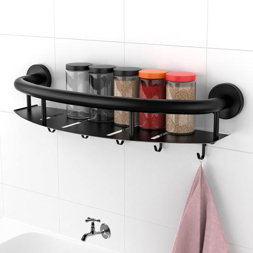 Black 18-inch Safety Grab Bar with Storage Shelf for Bathtub or Shower, Drainage Holes, Stainless Steel, Wall Mounted Grab Bars for Elderly Injured Balance Support