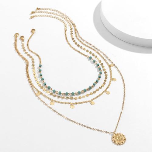 Gold Layered Necklace for Women Summer Boho Layered Stacked Pendant Necklace Country Concert Necklace Turquoise Coin Long Necklace